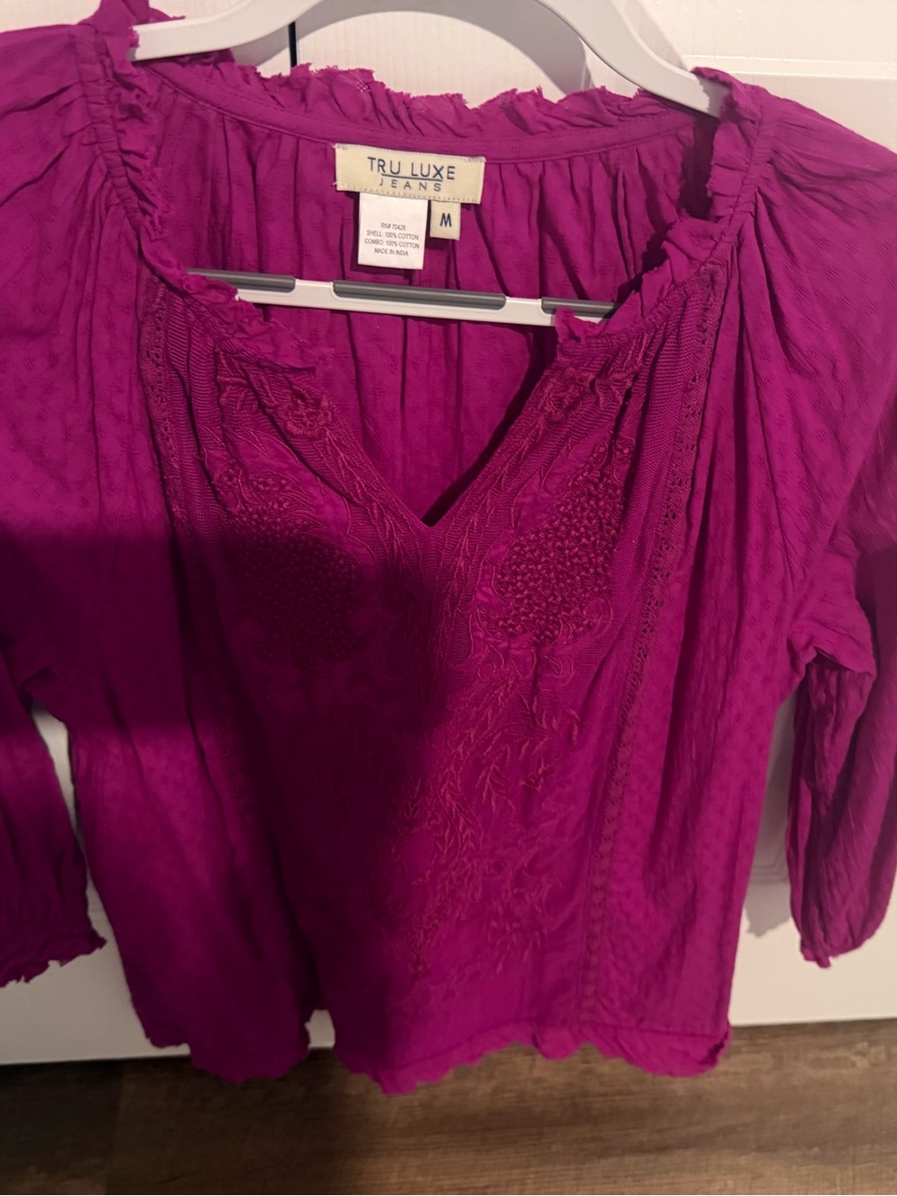 Tru Luxe Jeans Magenta Embroidered V-Neck top
 Size Medium